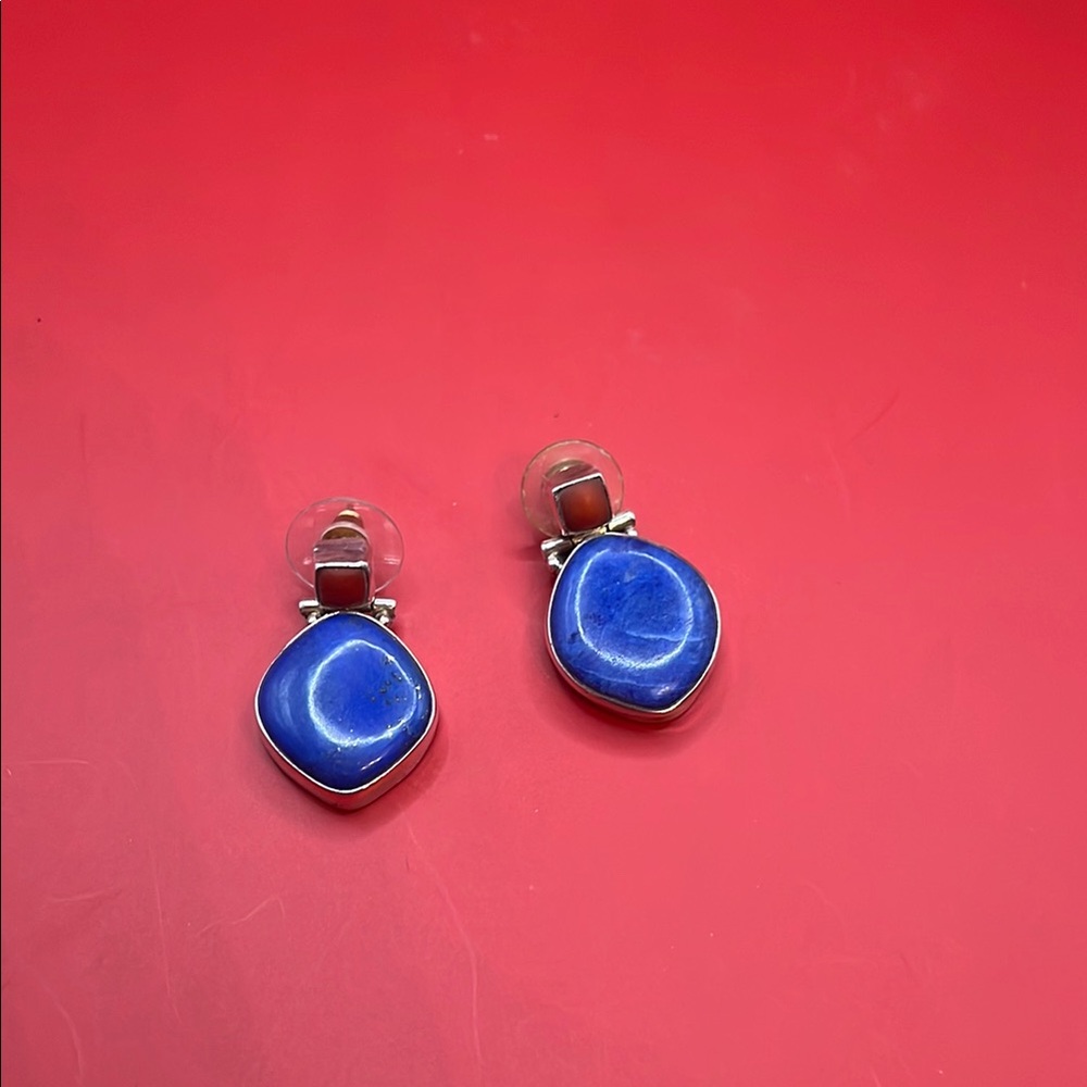 Beautiful Genuine Sterling Silver Lapis Lazuli and Carnelian Earrings
